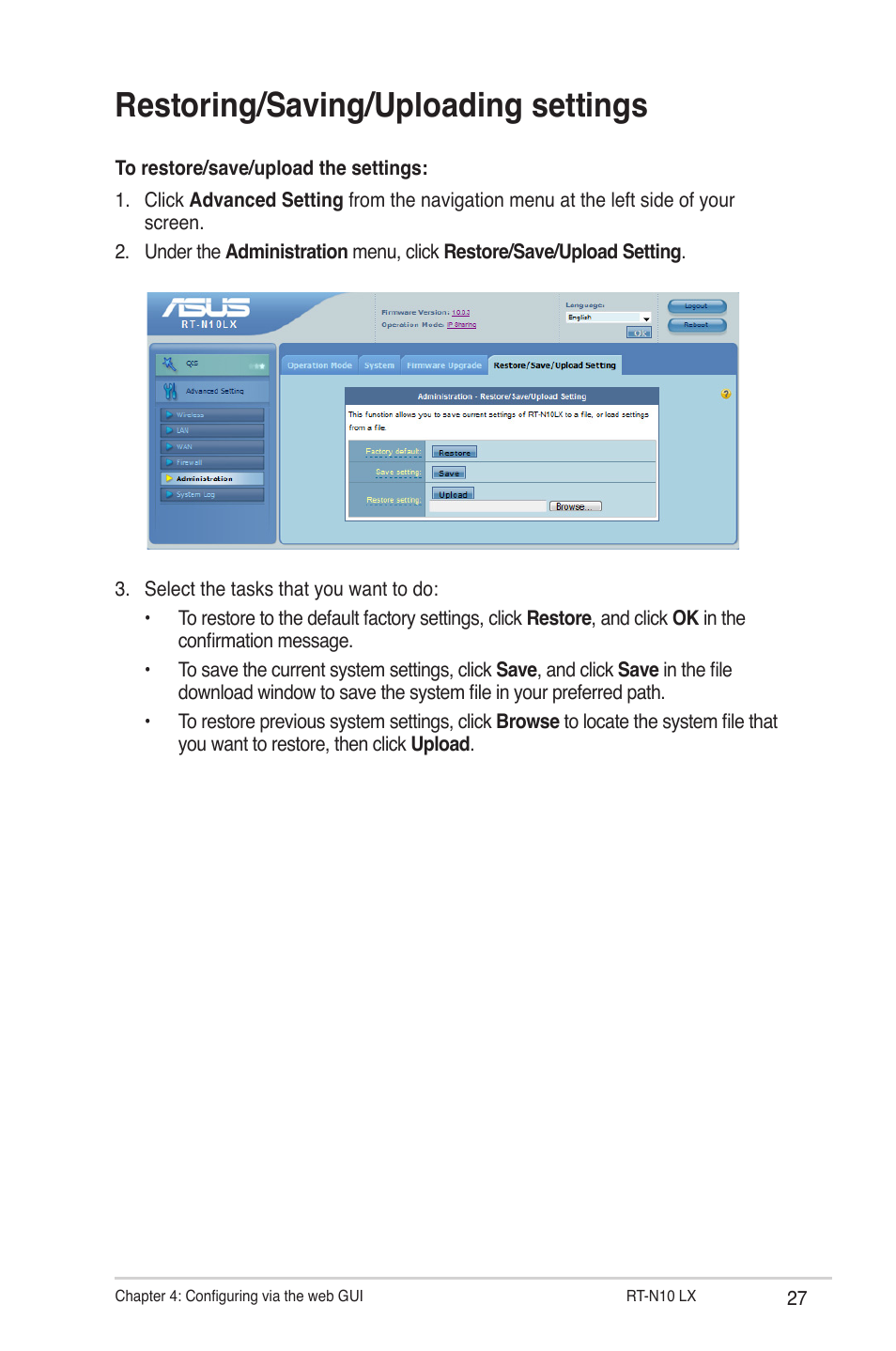 Restoring/saving/uploading settings | Asus RT-N10LX User Manual | Page 27 / 46