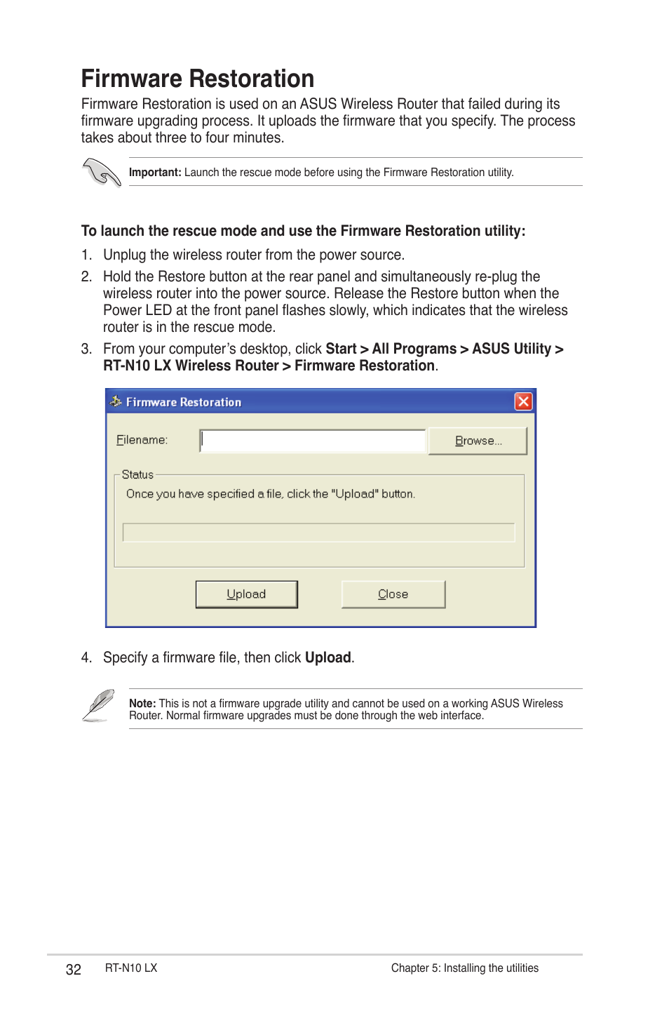 Firmware restoration | Asus RT-N10LX User Manual | Page 32 / 46