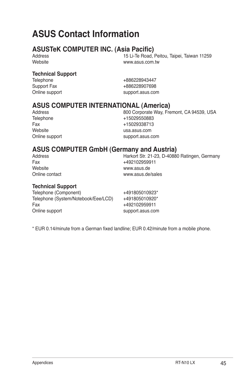 Asus contact information, Asustek computer inc. (asia pacific), Asus computer international (america) | Asus computer gmbh (germany and austria) | Asus RT-N10LX User Manual | Page 45 / 46