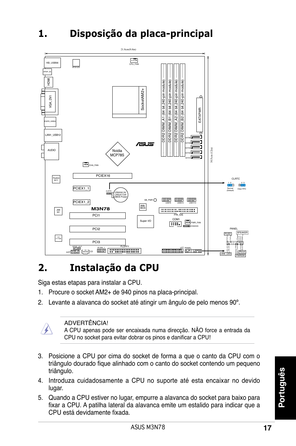 Disposição da placa-principal 2. instalação da cpu, Português, Asus m3n78 | Asus M3N78 User Manual | Page 18 / 38