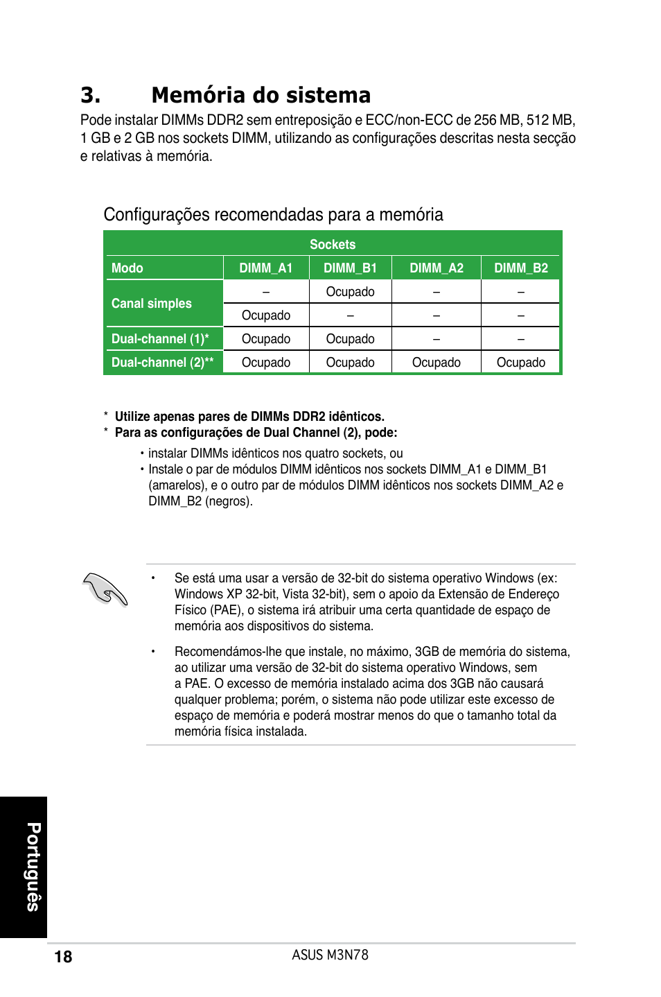 Memória do sistema, Português, Configurações recomendadas para a memória | Asus M3N78 User Manual | Page 19 / 38