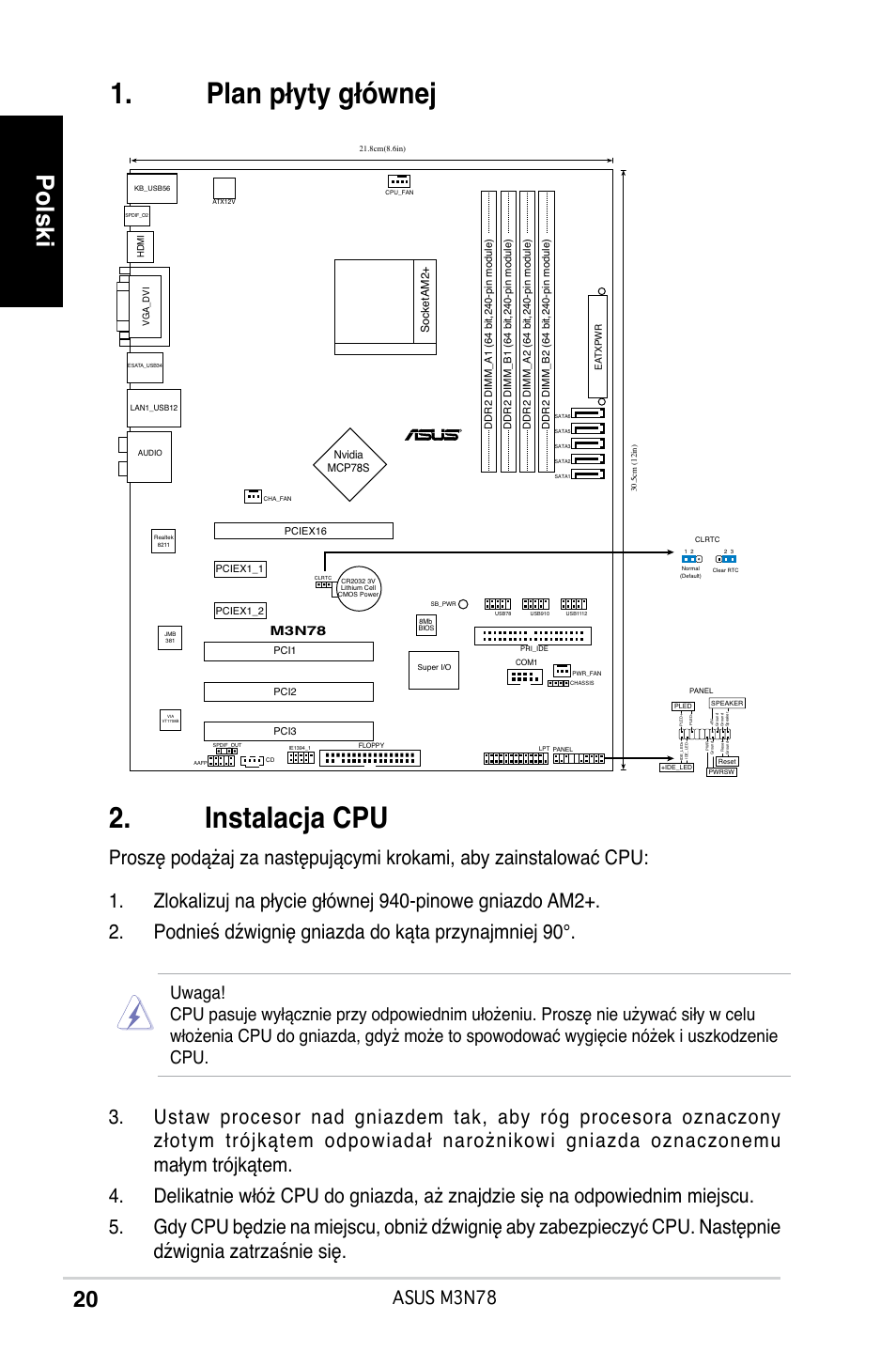 Instalacja cpu, Plan płyty głównej, Polski | Asus m3n78 | Asus M3N78 User Manual | Page 21 / 38