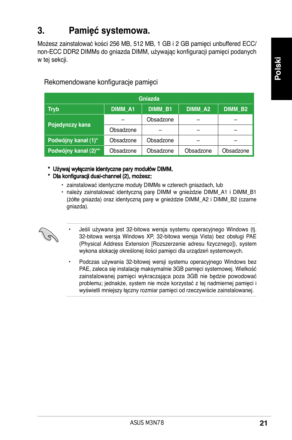 Pamięć systemowa, Polski, Rekomendowane konfiguracje pamięci | Asus M3N78 User Manual | Page 22 / 38