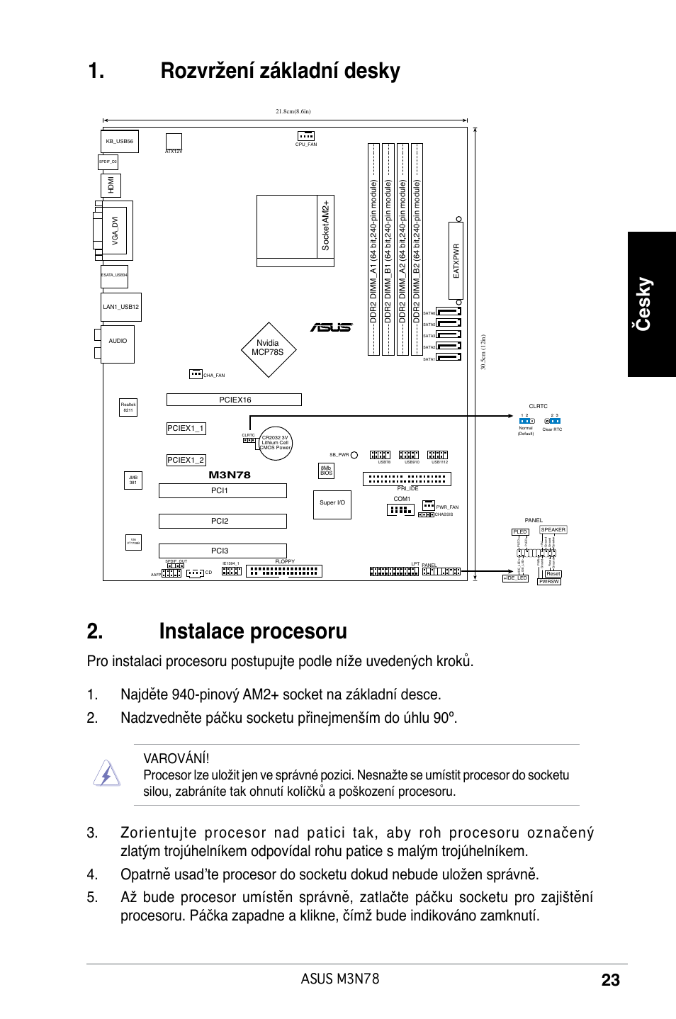 Instalace procesoru, Rozvržení základní desky, Česky | Asus m3n78, M3n78 | Asus M3N78 User Manual | Page 24 / 38