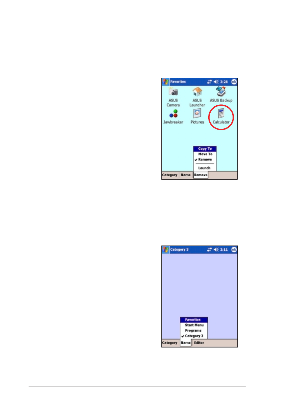 Removing programs in a category, Adding a category | Asus MyPal A730W User Manual | Page 110 / 218