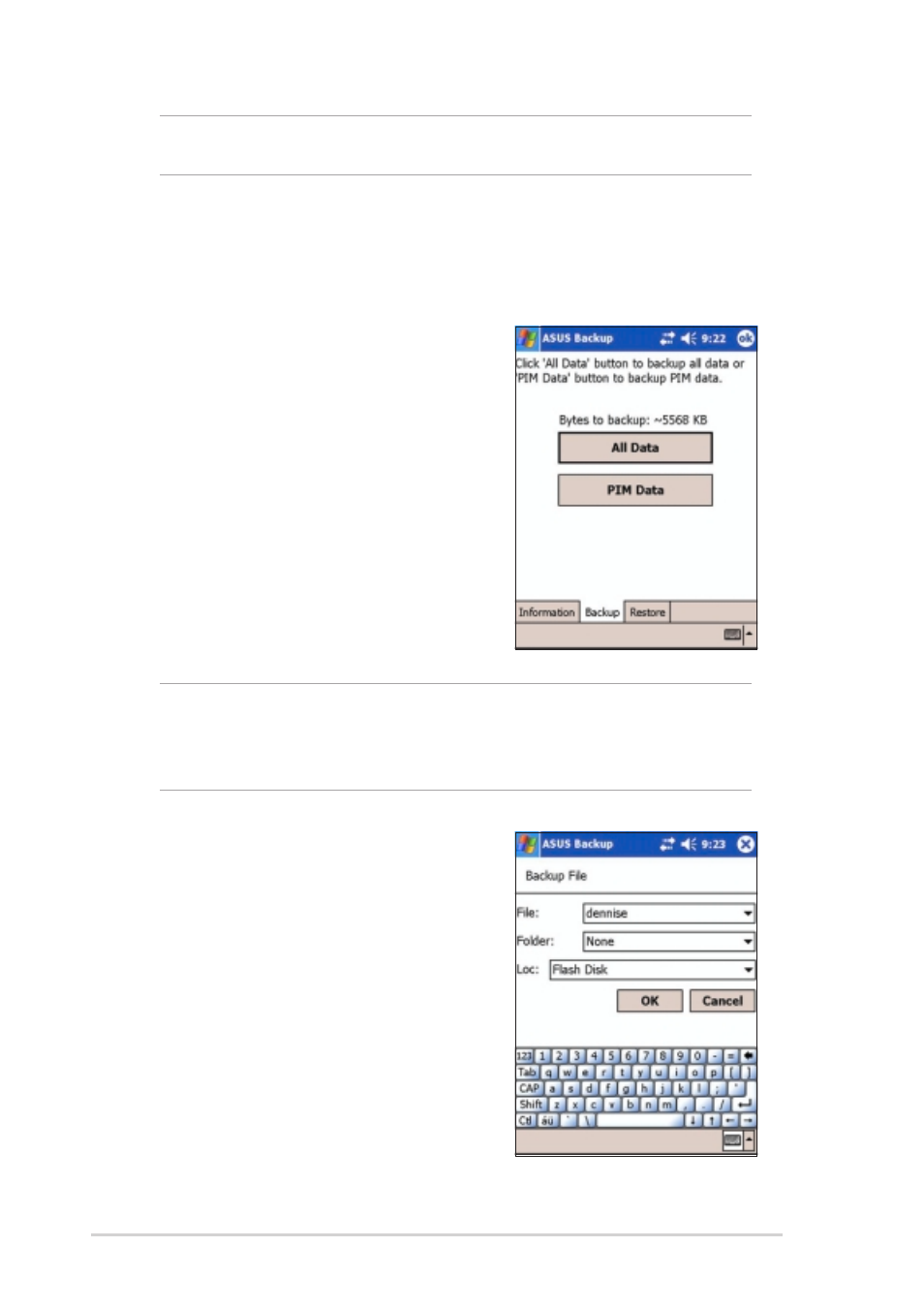 Backing up all data | Asus MyPal A730W User Manual | Page 112 / 218