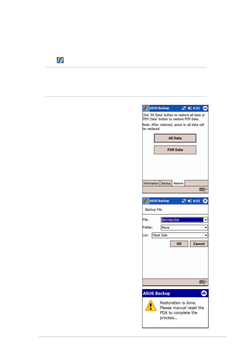Restoring all data | Asus MyPal A730W User Manual | Page 115 / 218