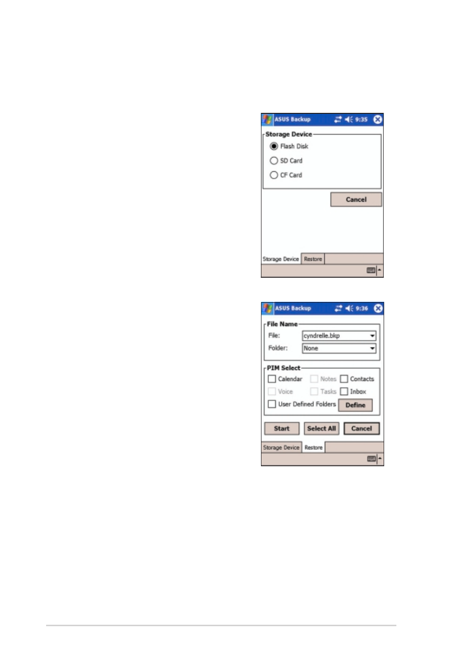 Restoring pim data | Asus MyPal A730W User Manual | Page 116 / 218