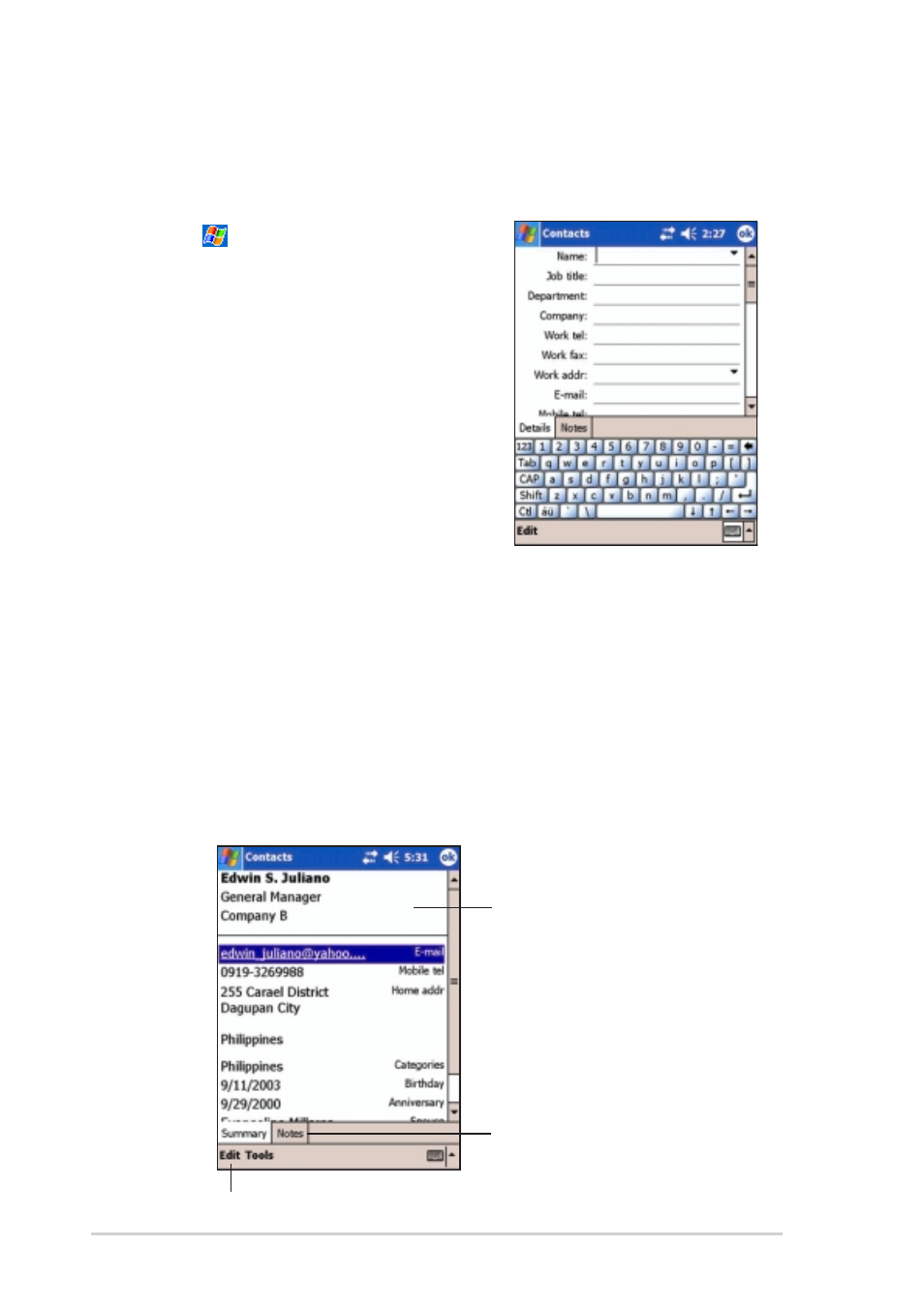 Creating contacts, Using the summary screen | Asus MyPal A730W User Manual | Page 130 / 218