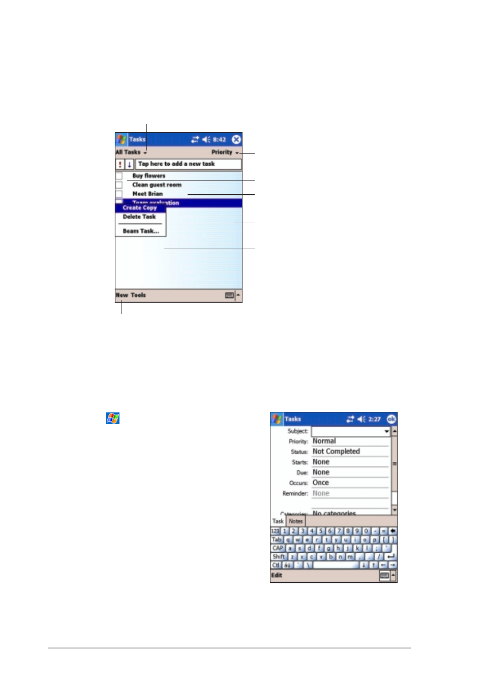 Tasks, Creating tasks | Asus MyPal A730W User Manual | Page 132 / 218