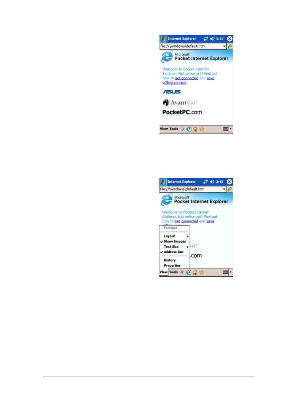 Changing view settings, Browsing the internet | Asus MyPal A730W User Manual | Page 167 / 218