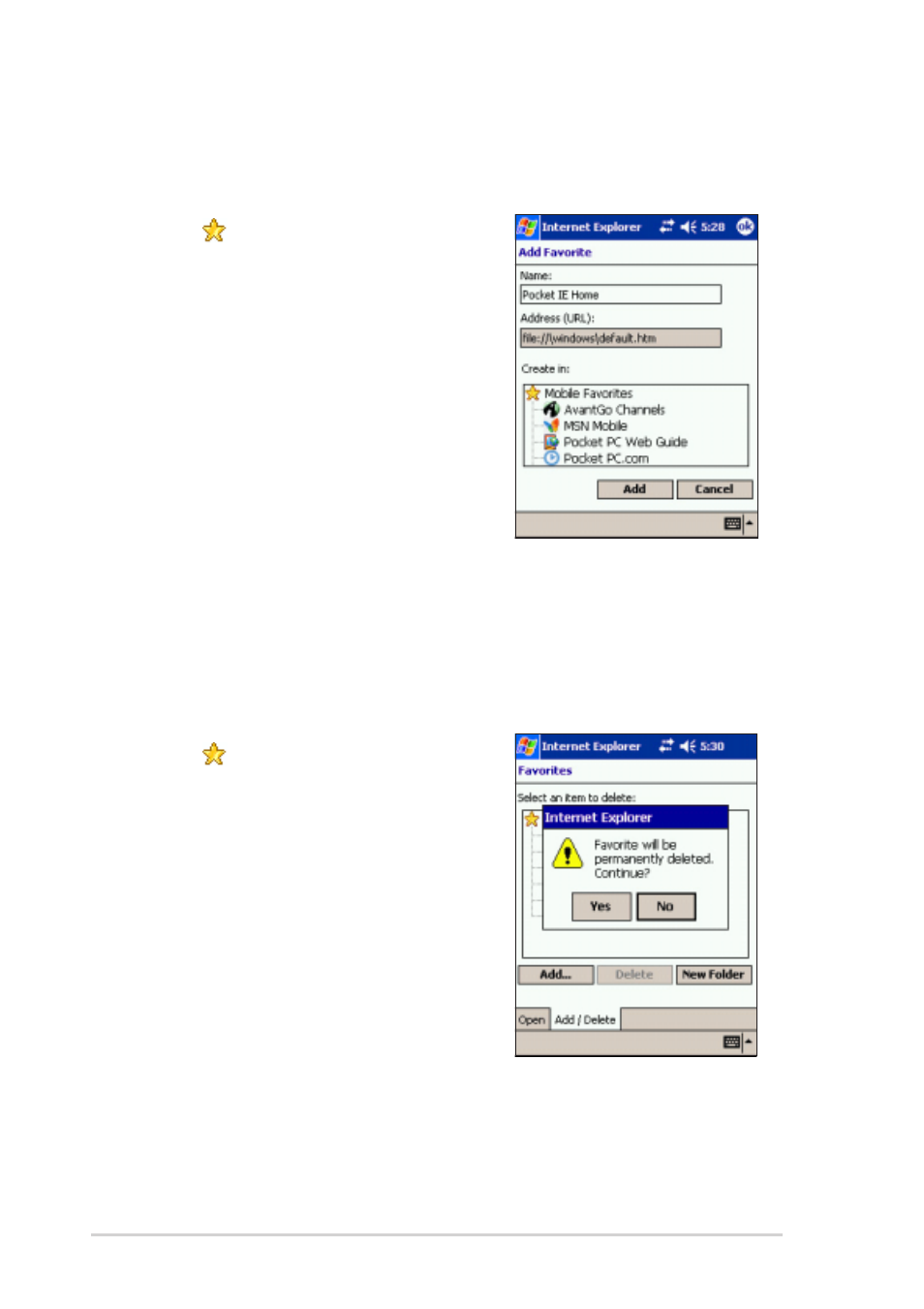 Adding/deleting mobile favorites and folders | Asus MyPal A730W User Manual | Page 172 / 218