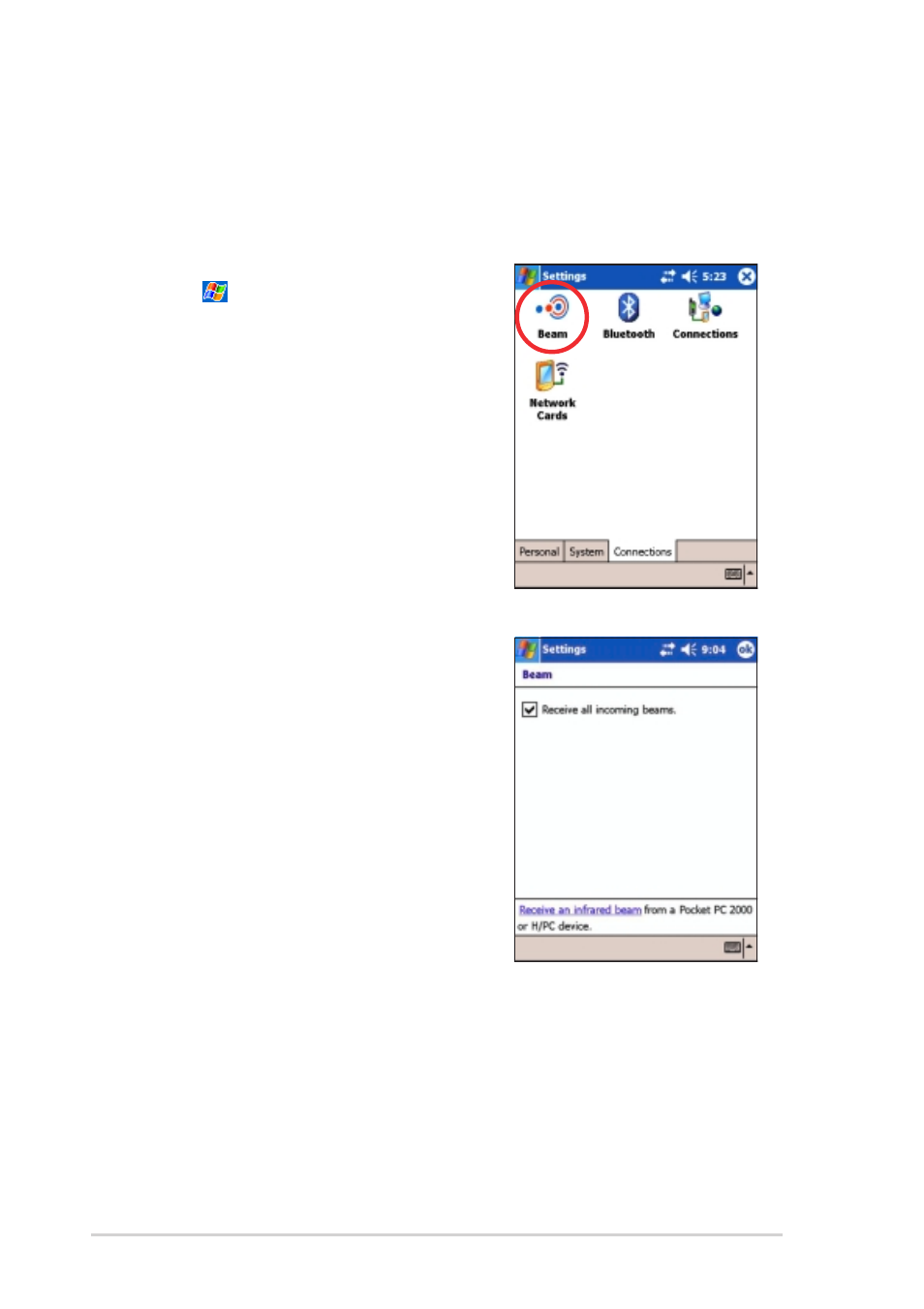 Infrared (ir) connection, Setting beam options | Asus MyPal A730W User Manual | Page 182 / 218