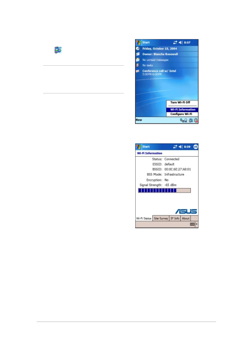 Wi-fi information, Wi-fi status | Asus MyPal A730W User Manual | Page 209 / 218