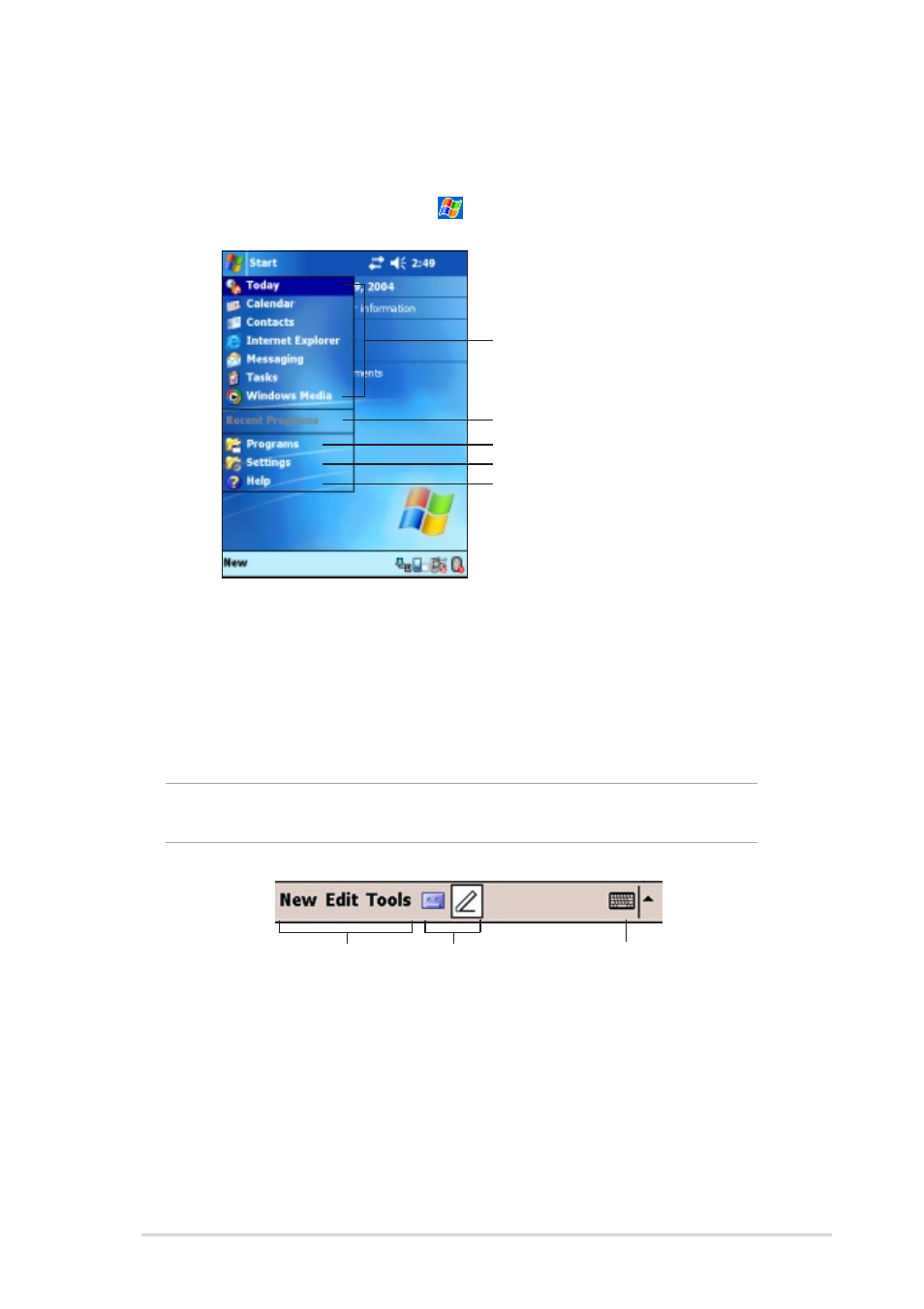 Command bar, Start menu | Asus MyPal A730W User Manual | Page 23 / 218