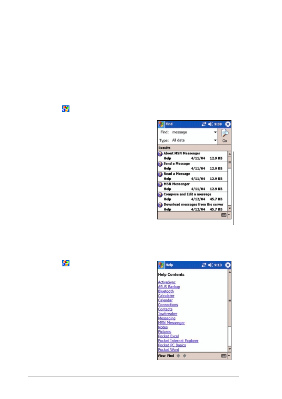 Finding and organizing information, Using the find function | Asus MyPal A730W User Manual | Page 36 / 218