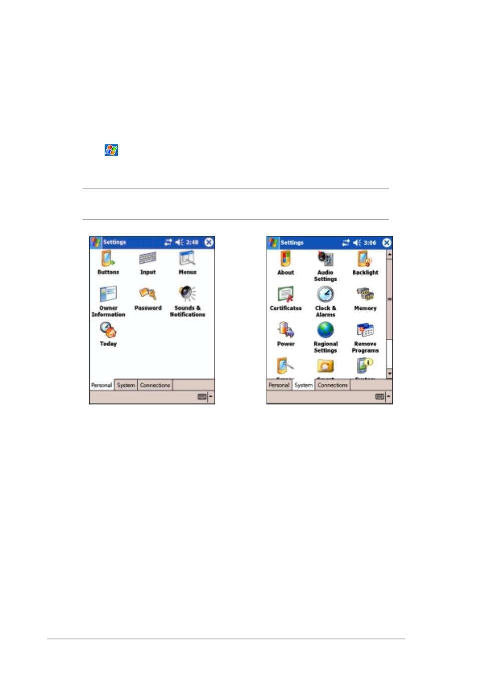 Customizing your device | Asus MyPal A730W User Manual | Page 38 / 218