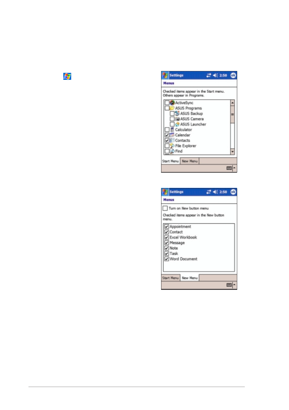 Changing the start menus | Asus MyPal A730W User Manual | Page 40 / 218