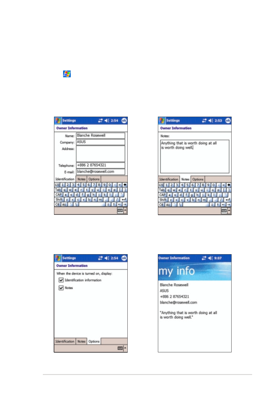 Changing the owner information | Asus MyPal A730W User Manual | Page 41 / 218
