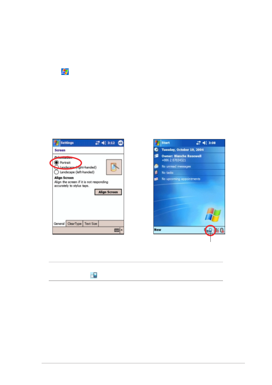 Changing the screen display orientation, Portrait orientation | Asus MyPal A730W User Manual | Page 43 / 218