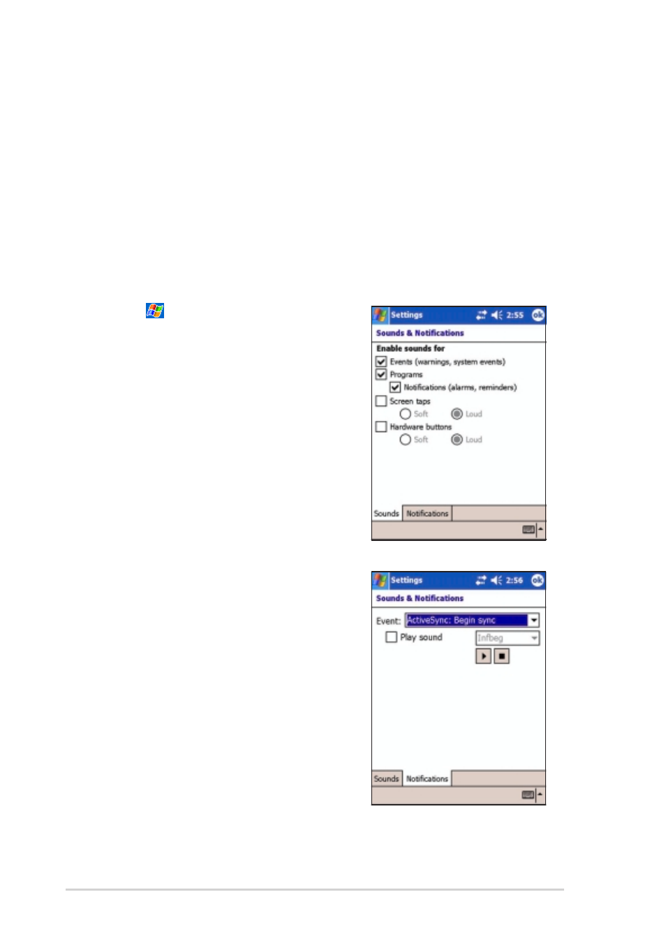 Selecting sounds and notifications | Asus MyPal A730W User Manual | Page 50 / 218