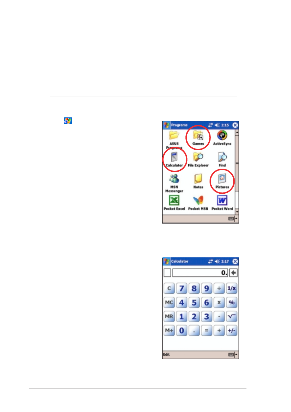 Using simple applications, Calculator | Asus MyPal A730W User Manual | Page 56 / 218