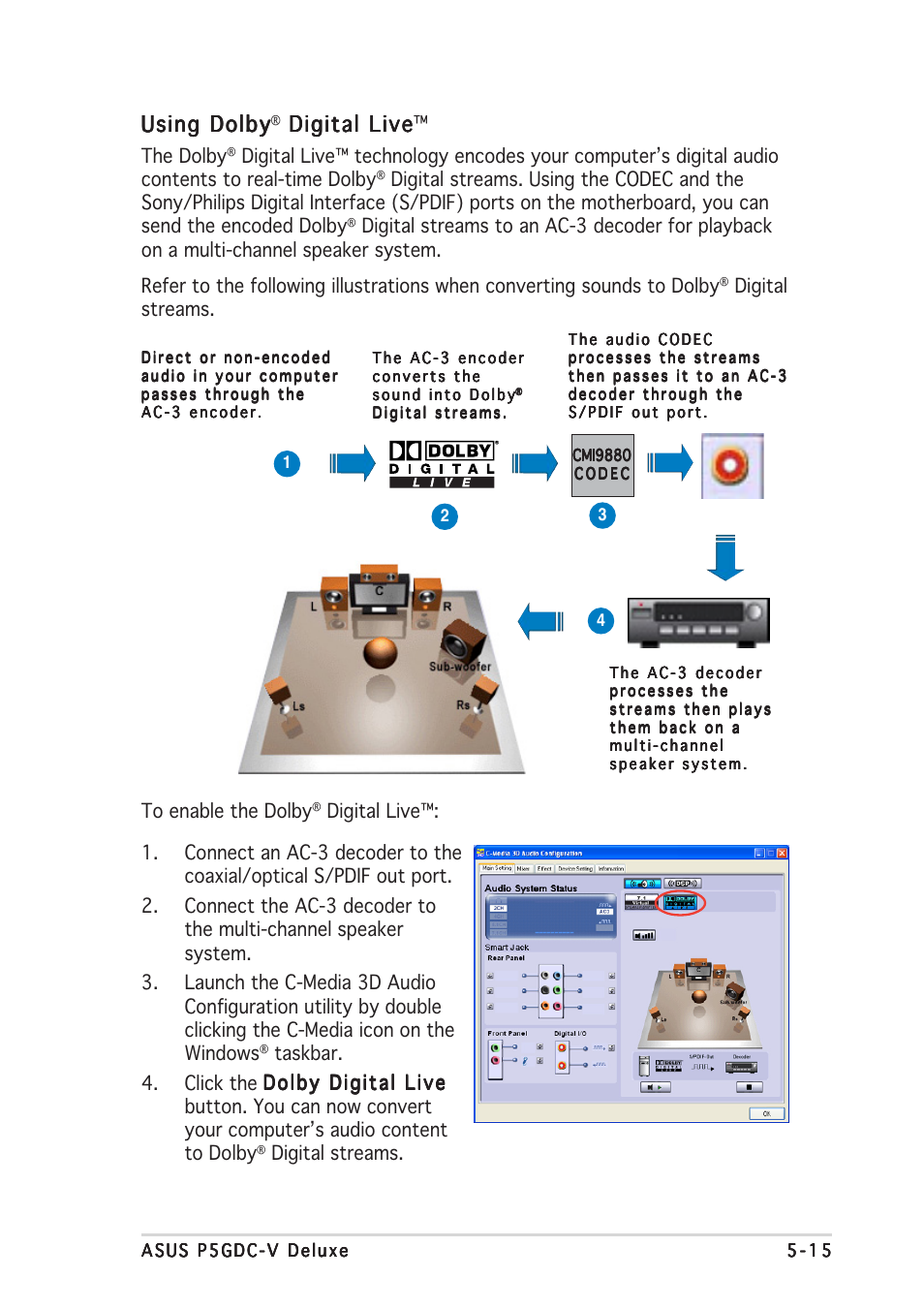 Using dolby, Digital live, Digital live digital live | The dolby, Digital streams | Asus P5GDC Deluxe User Manual | Page 123 / 136