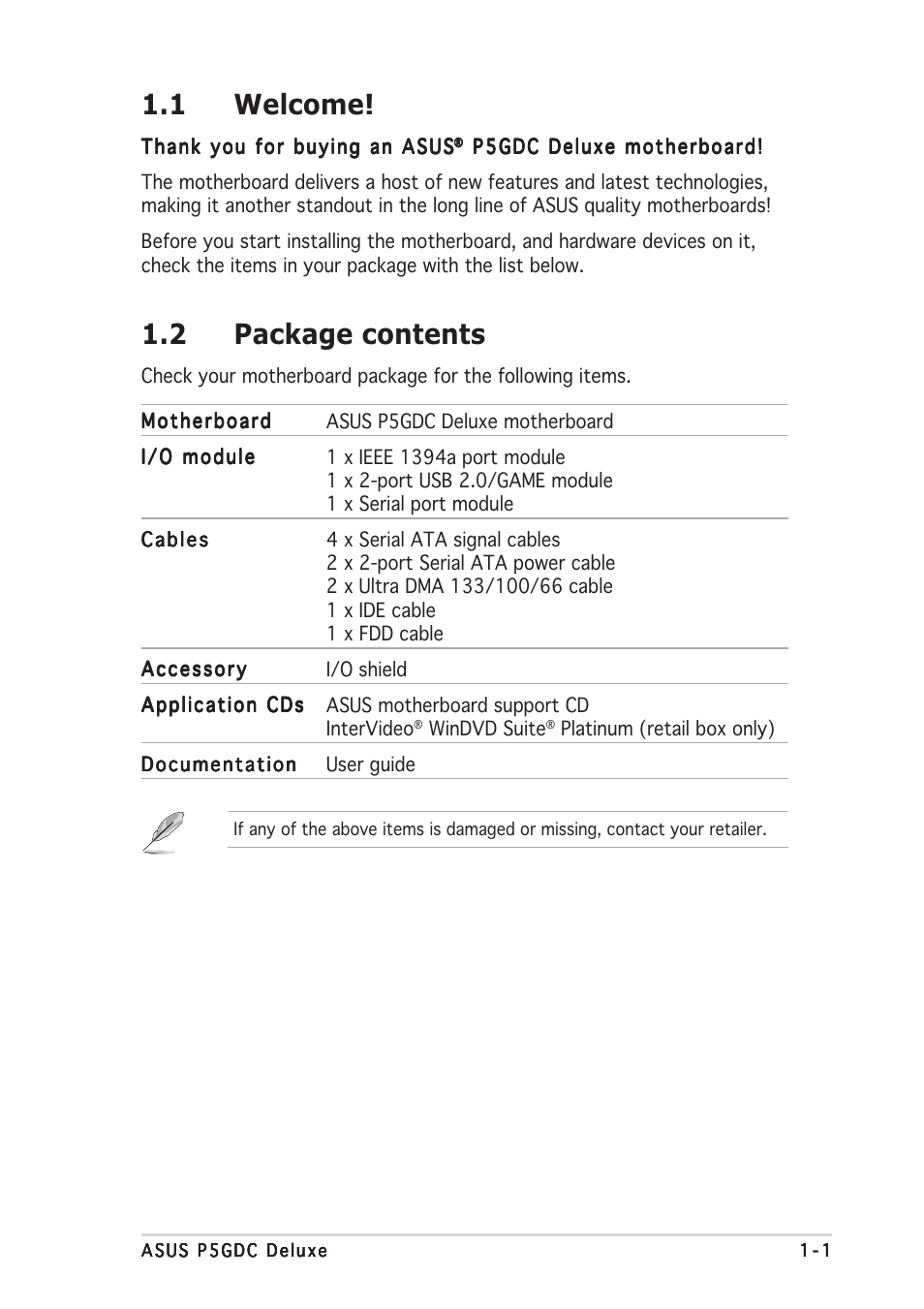 1 welcome, 2 package contents | Asus P5GDC Deluxe User Manual | Page 13 / 136