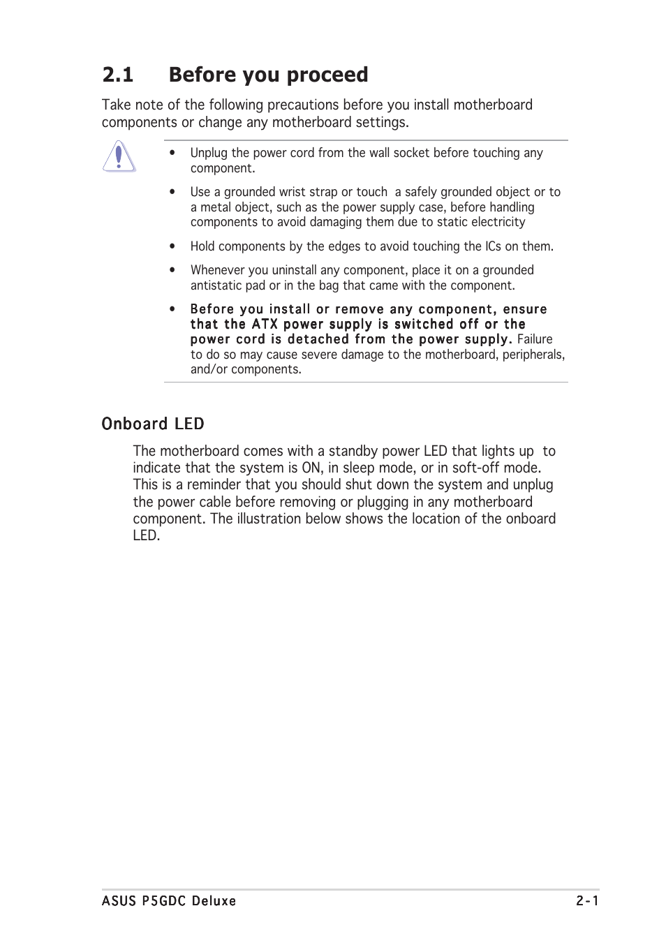 1 before you proceed, Onboard led | Asus P5GDC Deluxe User Manual | Page 21 / 136