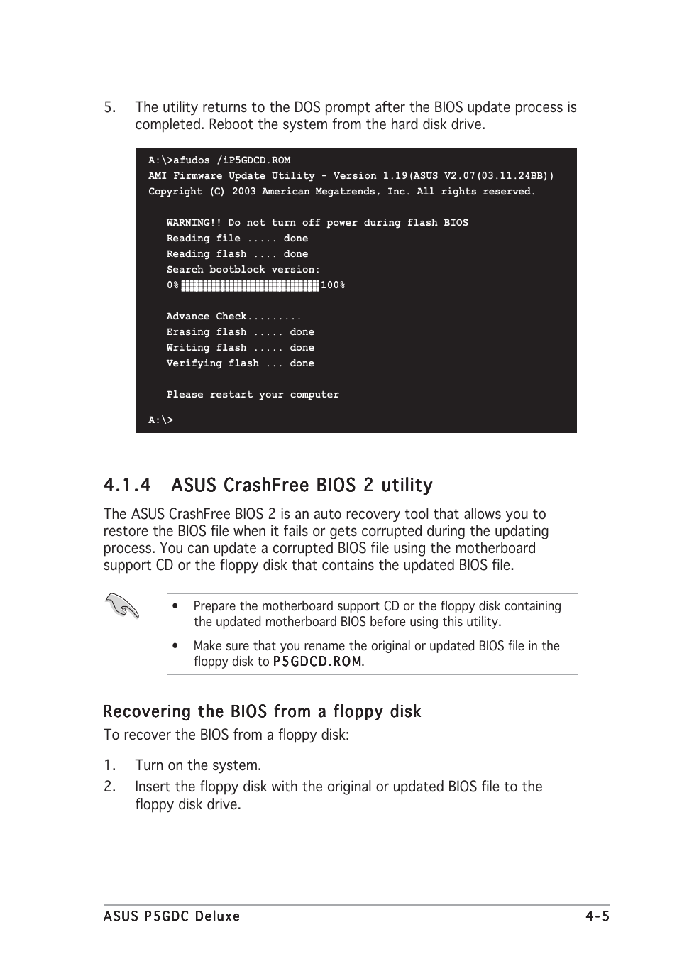 Recovering the bios from a floppy disk | Asus P5GDC Deluxe User Manual | Page 69 / 136