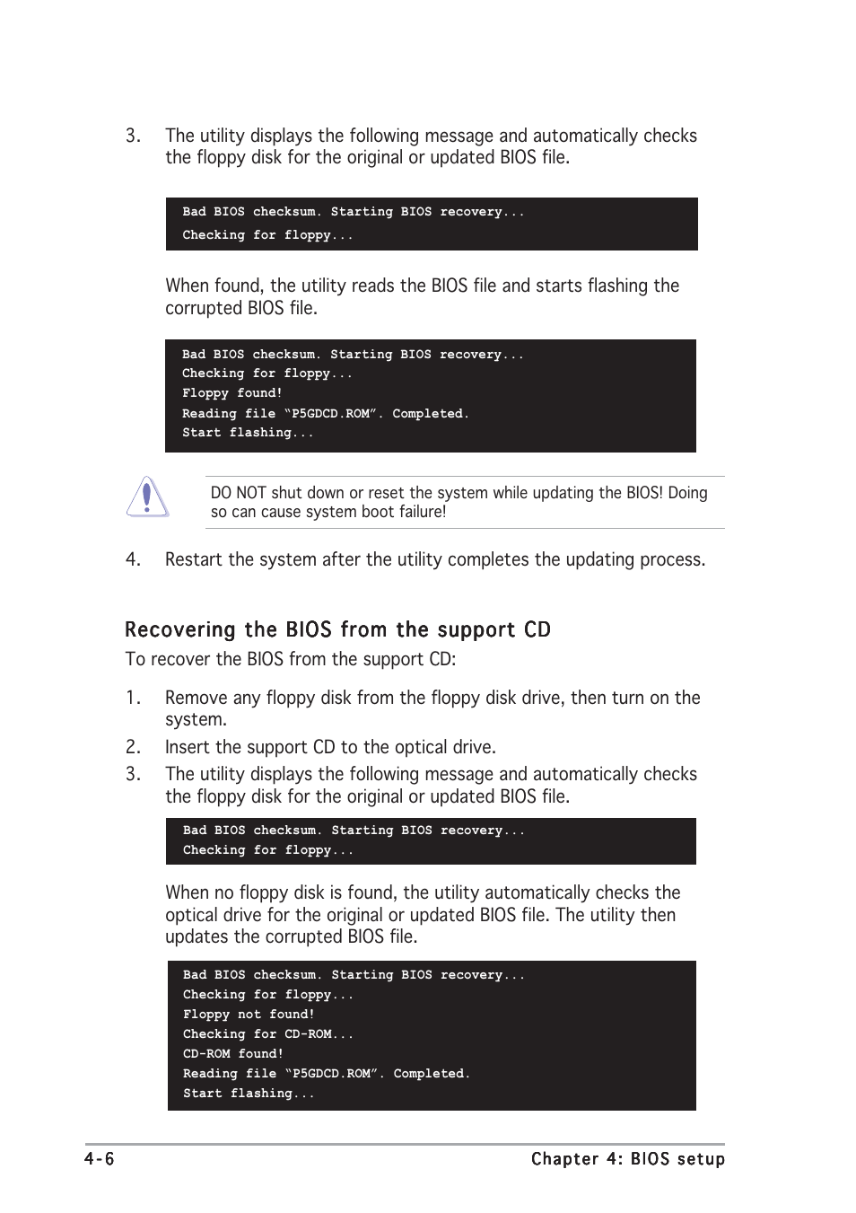 Recovering the bios from the support cd | Asus P5GDC Deluxe User Manual | Page 70 / 136