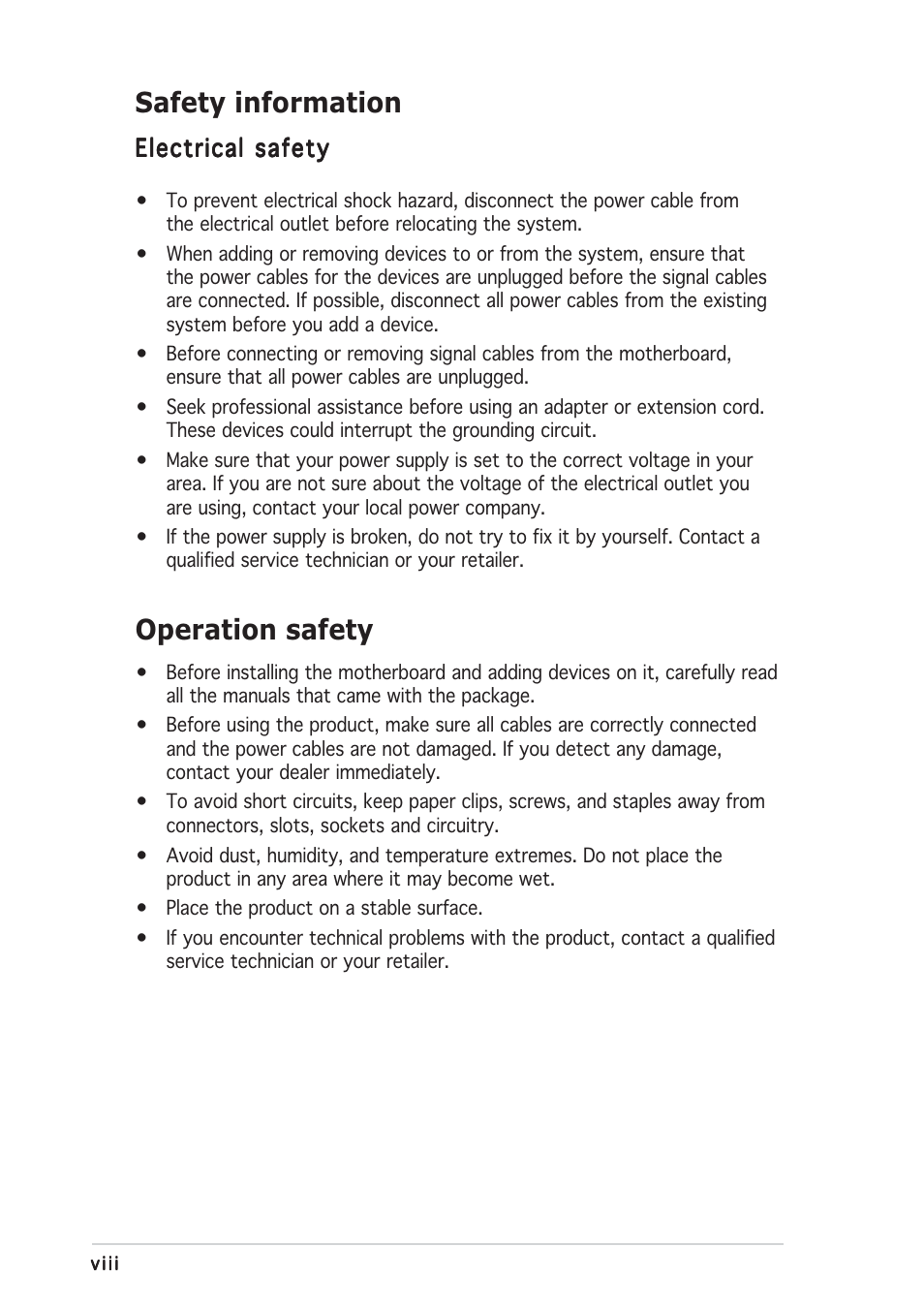 Safety information, Operation safety | Asus P5GDC Deluxe User Manual | Page 8 / 136