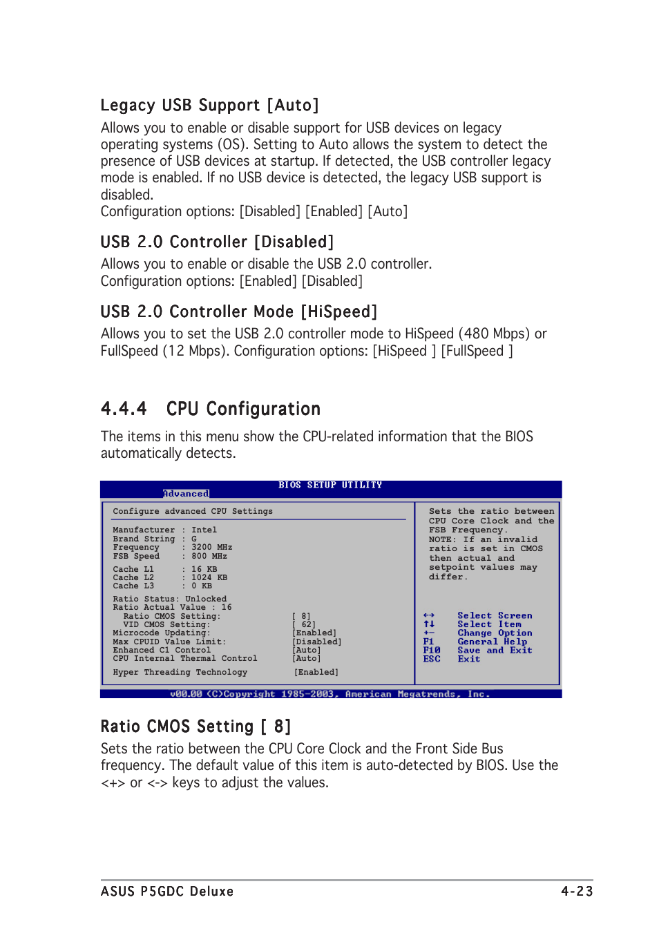Ratio cmos setting [ 8, Legacy usb support [auto, Usb 2.0 controller [disabled | Usb 2.0 controller mode [hispeed | Asus P5GDC Deluxe User Manual | Page 87 / 136