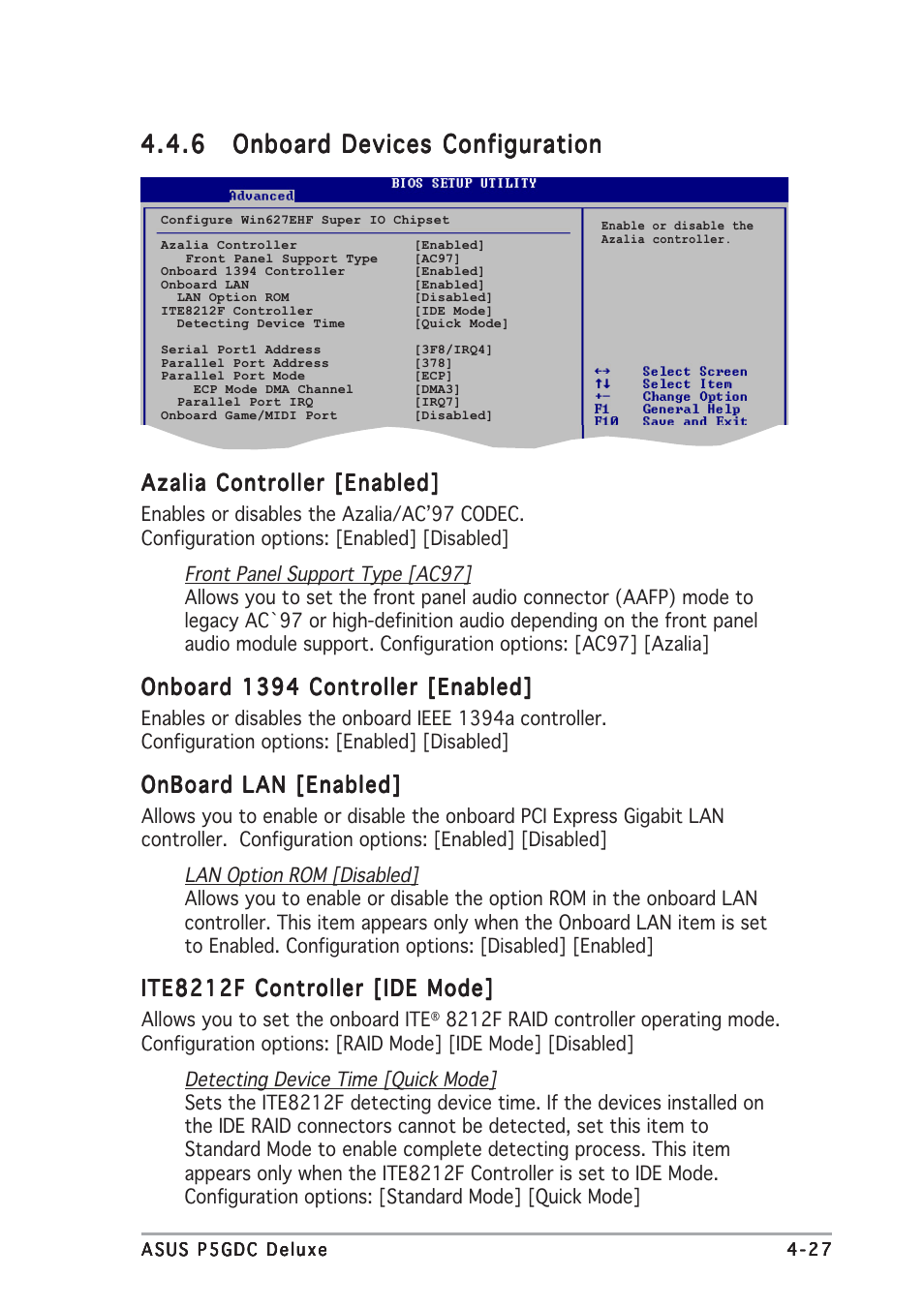 Azalia controller [enabled, Onboard 1394 controller [enabled, Onboard lan [enabled | Ite8212f controller [ide mode | Asus P5GDC Deluxe User Manual | Page 91 / 136