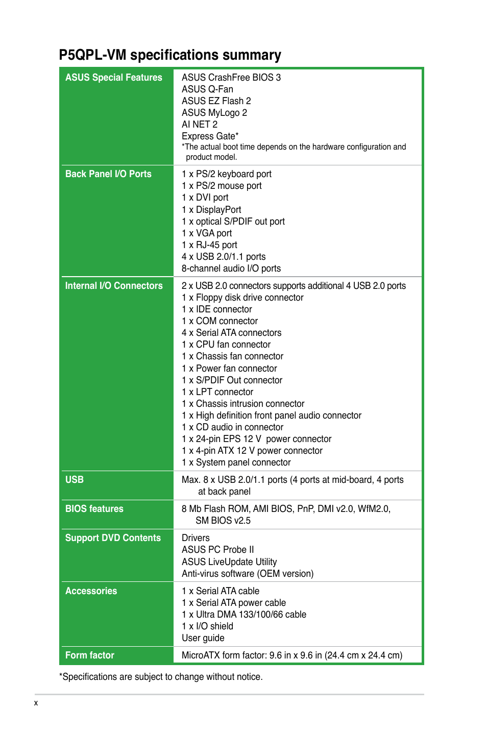 P5qpl-vm specifications summary | Asus P5QPL-VM User Manual | Page 10 / 64