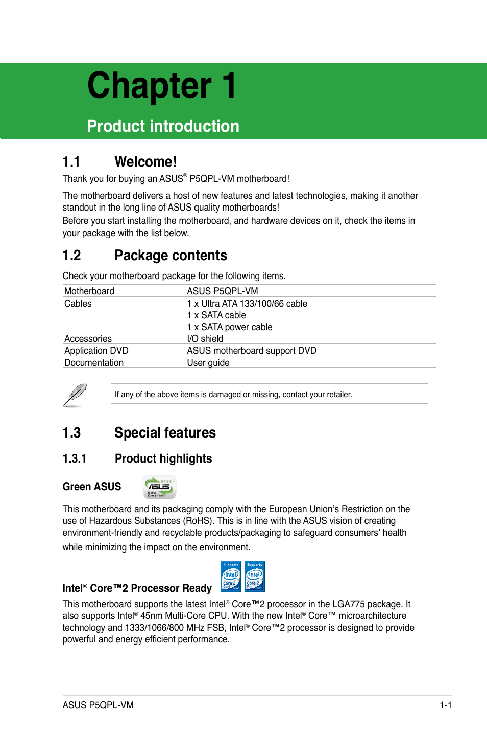 Chapter 1, Product introduction, 1 welcome | 2 package contents, 3 special features | Asus P5QPL-VM User Manual | Page 11 / 64
