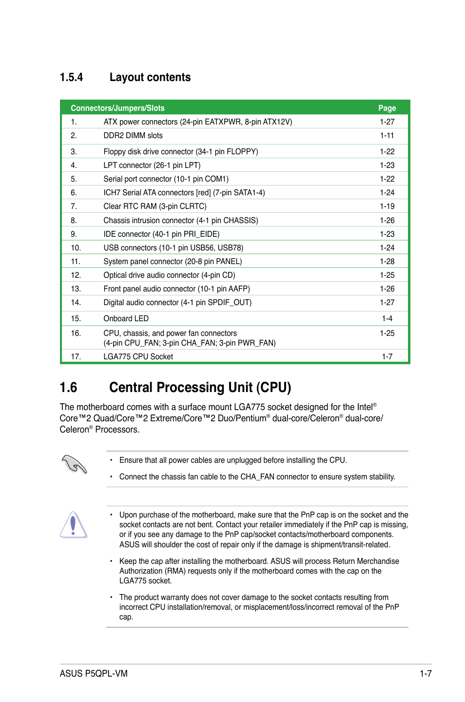 6 central processing unit (cpu), 4 layout contents | Asus P5QPL-VM User Manual | Page 17 / 64