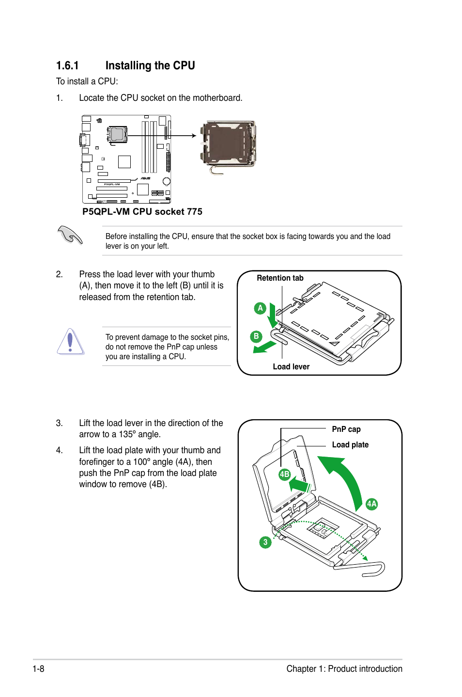 1 installing the cpu | Asus P5QPL-VM User Manual | Page 18 / 64