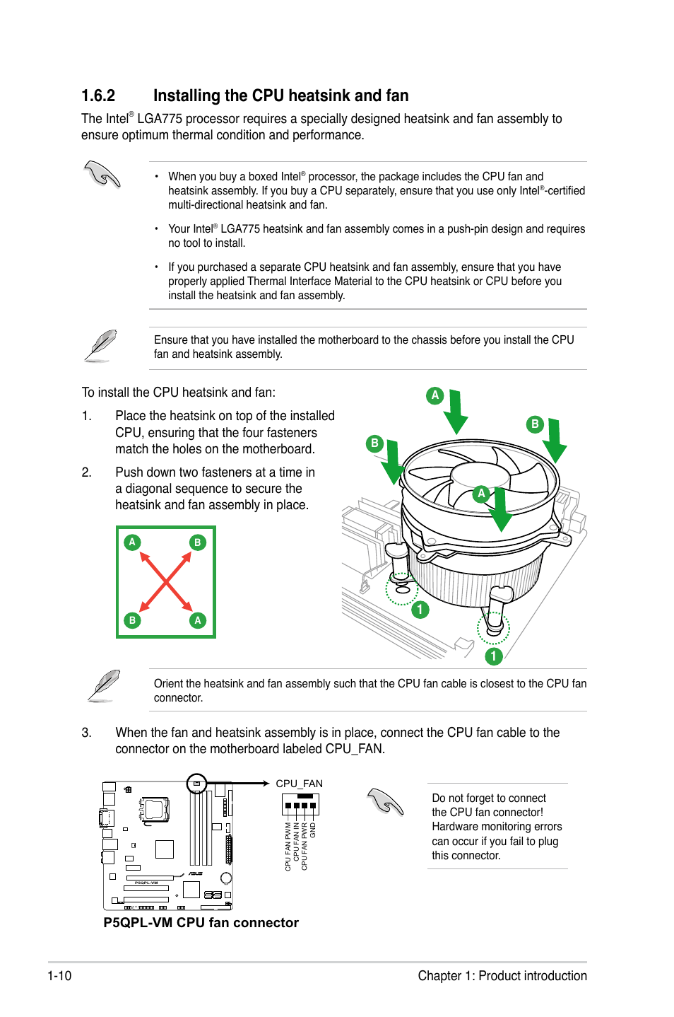 2 installing the cpu heatsink and fan, 10 chapter 1: product introduction, The intel | P5qpl-vm cpu fan connector | Asus P5QPL-VM User Manual | Page 20 / 64