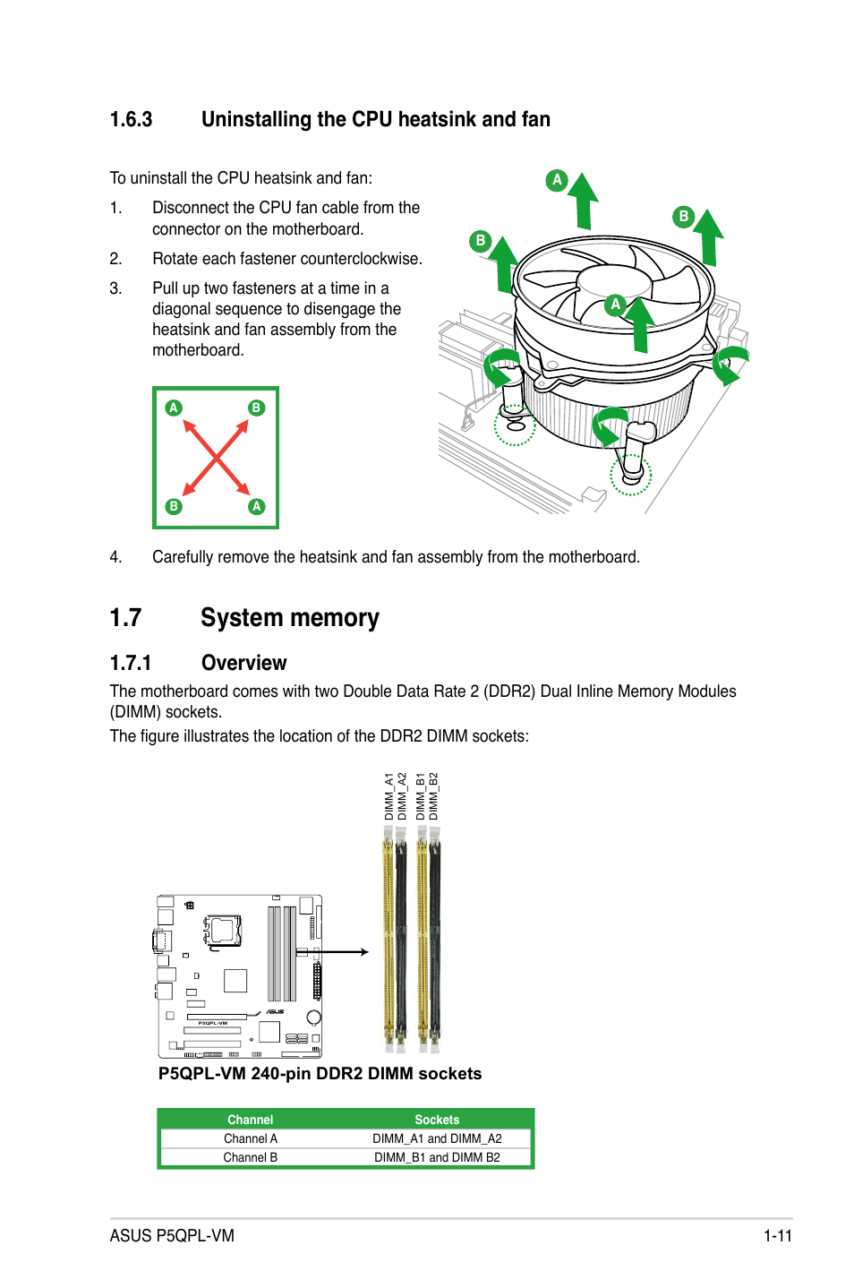 3 uninstalling the cpu heatsink and fan, 1 overview | Asus P5QPL-VM User Manual | Page 21 / 64
