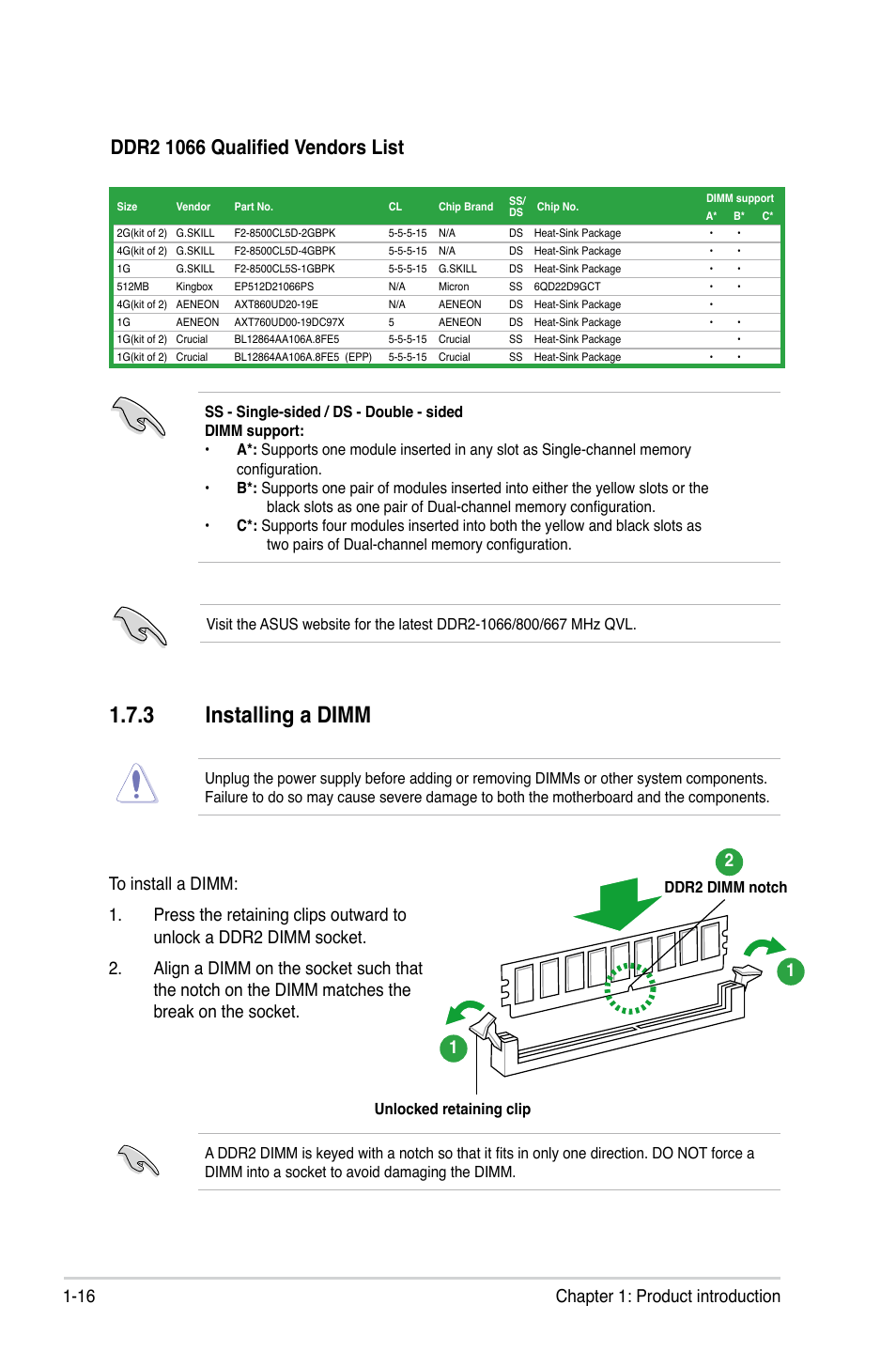 3 installing a dimm, 16 chapter 1: product introduction | Asus P5QPL-VM User Manual | Page 26 / 64