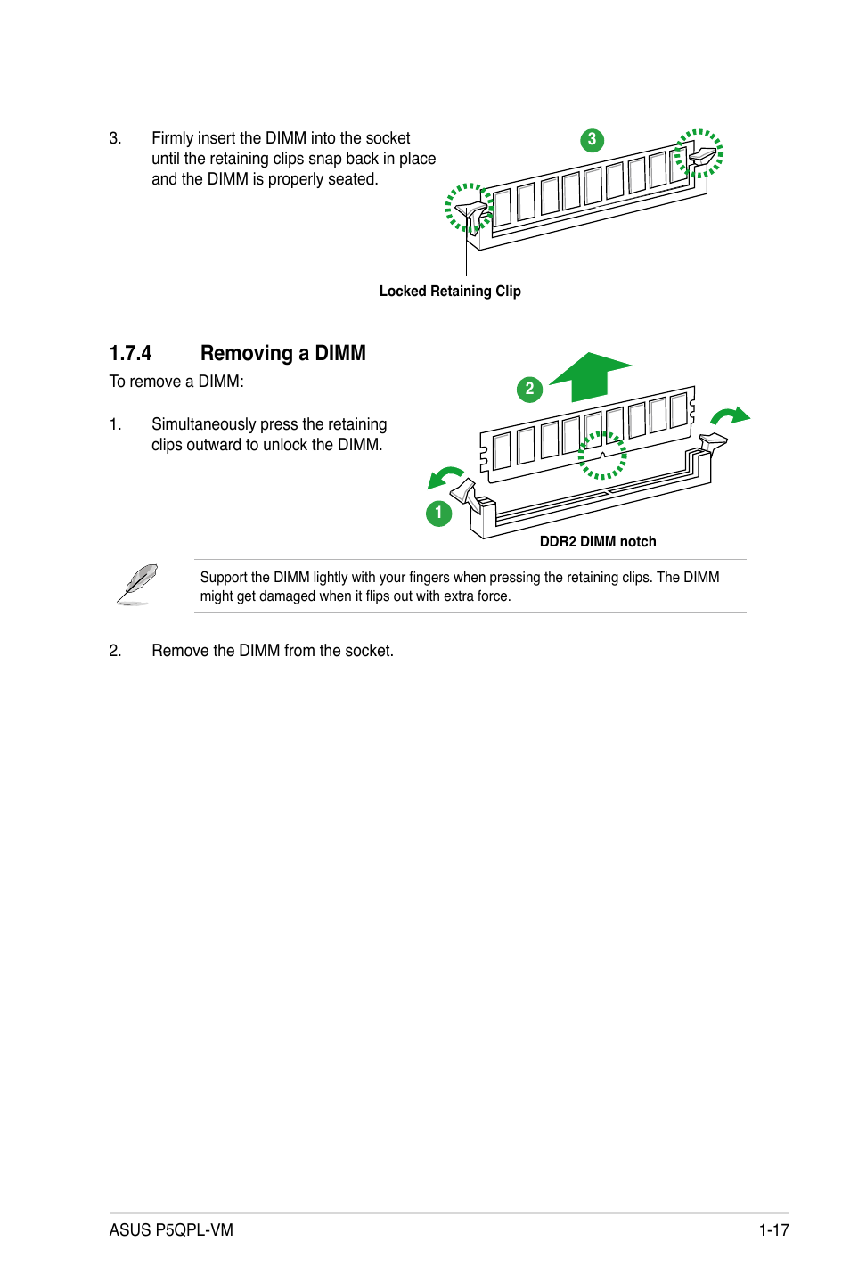 4 removing a dimm | Asus P5QPL-VM User Manual | Page 27 / 64