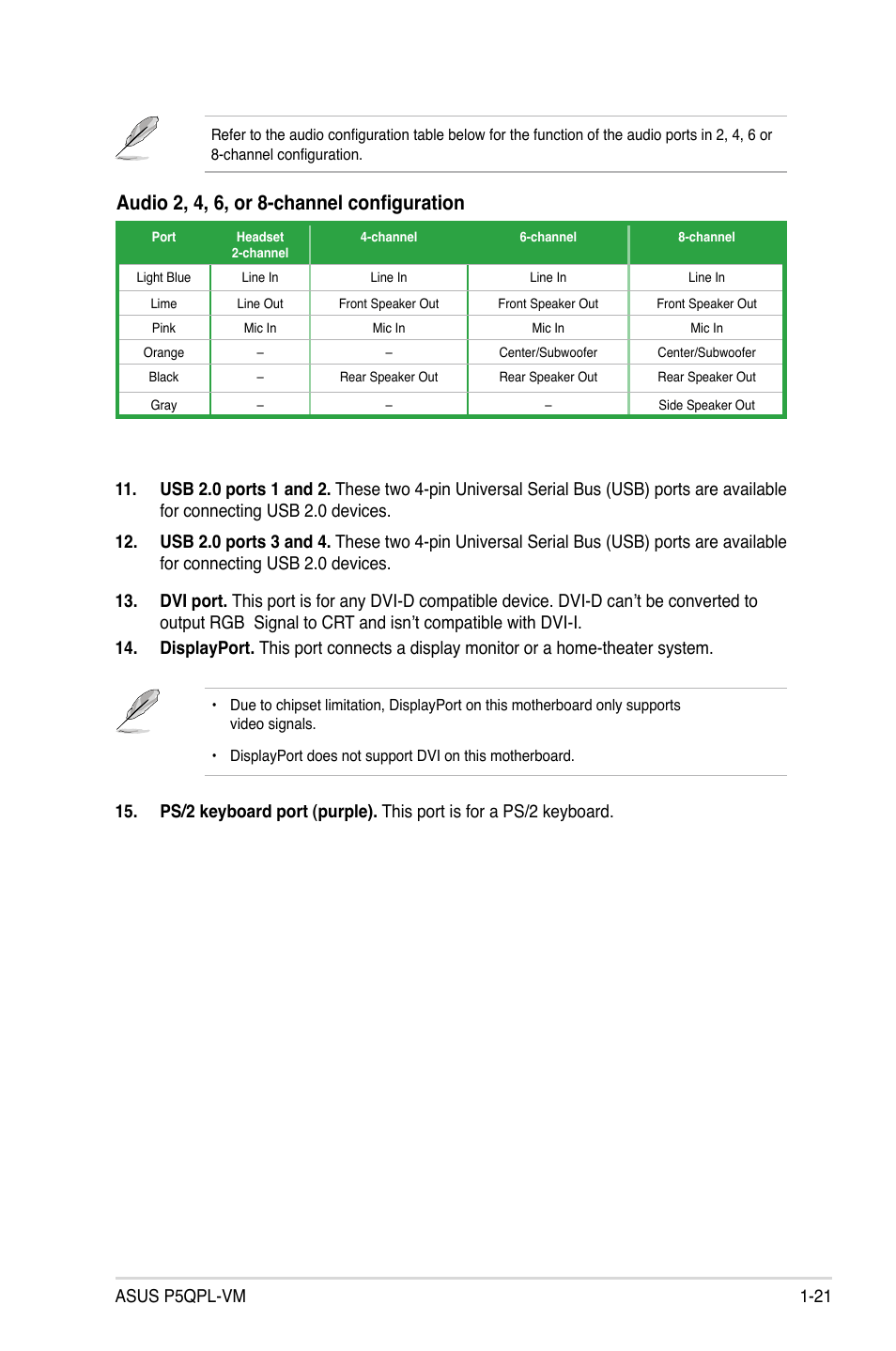 Audio 2, 4, 6, or 8-channel configuration, Asus p5qpl-vm 1-21 | Asus P5QPL-VM User Manual | Page 31 / 64
