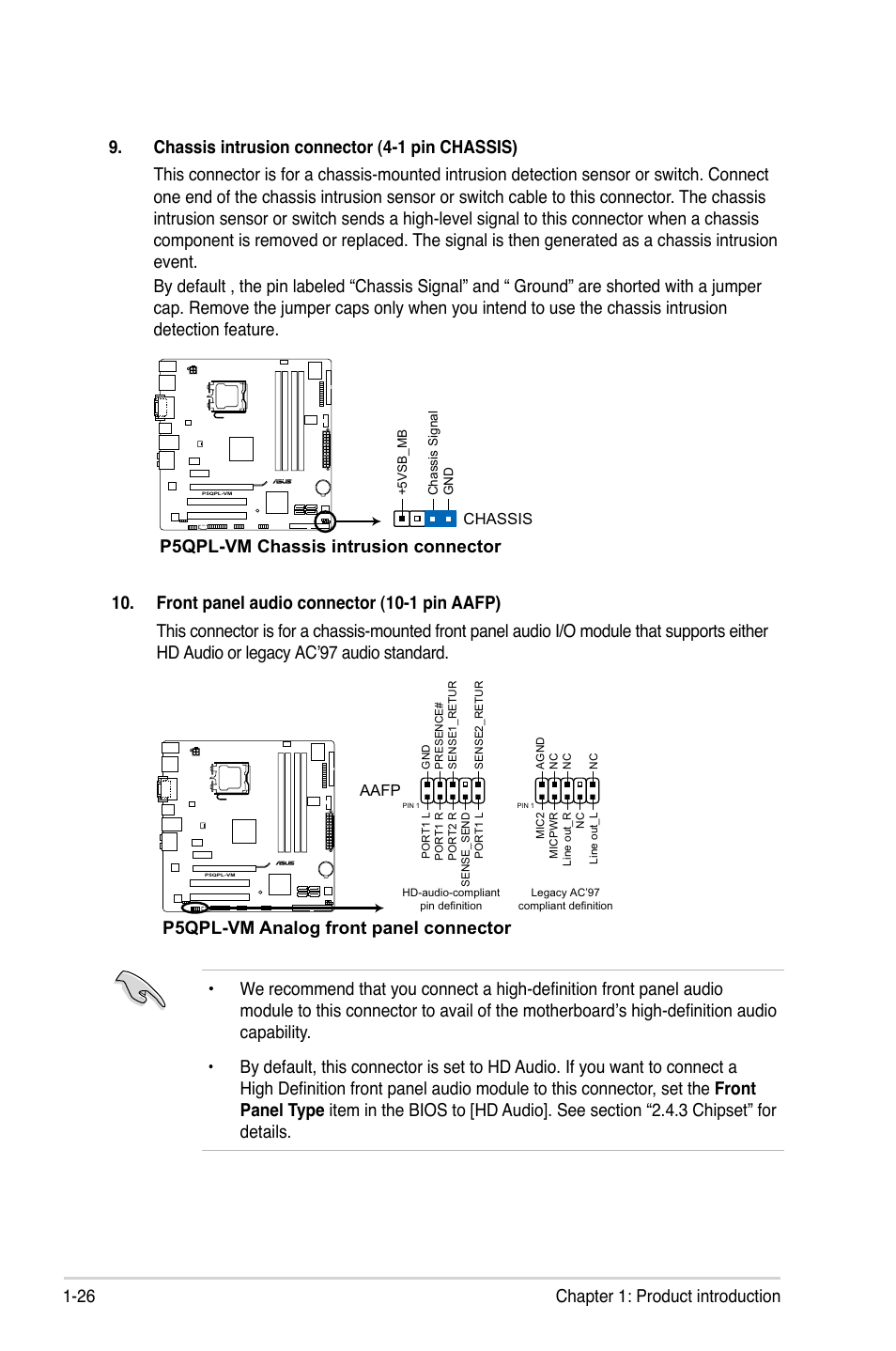 P5qpl-vm chassis intrusion connector, P5qpl-vm analog front panel connector | Asus P5QPL-VM User Manual | Page 36 / 64