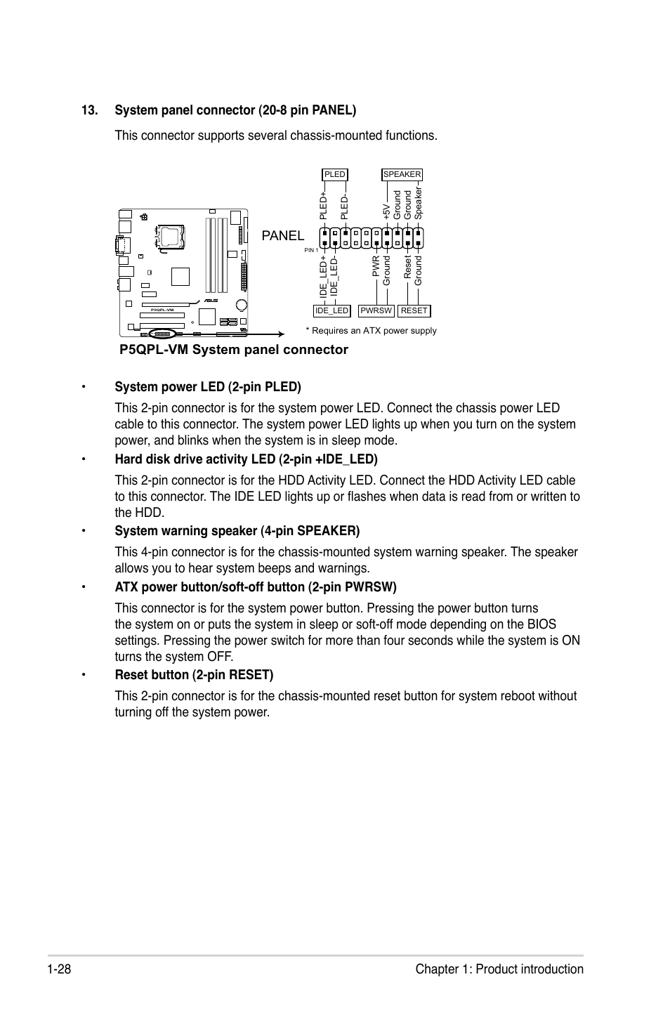 P5qpl-vm system panel connector, Panel | Asus P5QPL-VM User Manual | Page 38 / 64