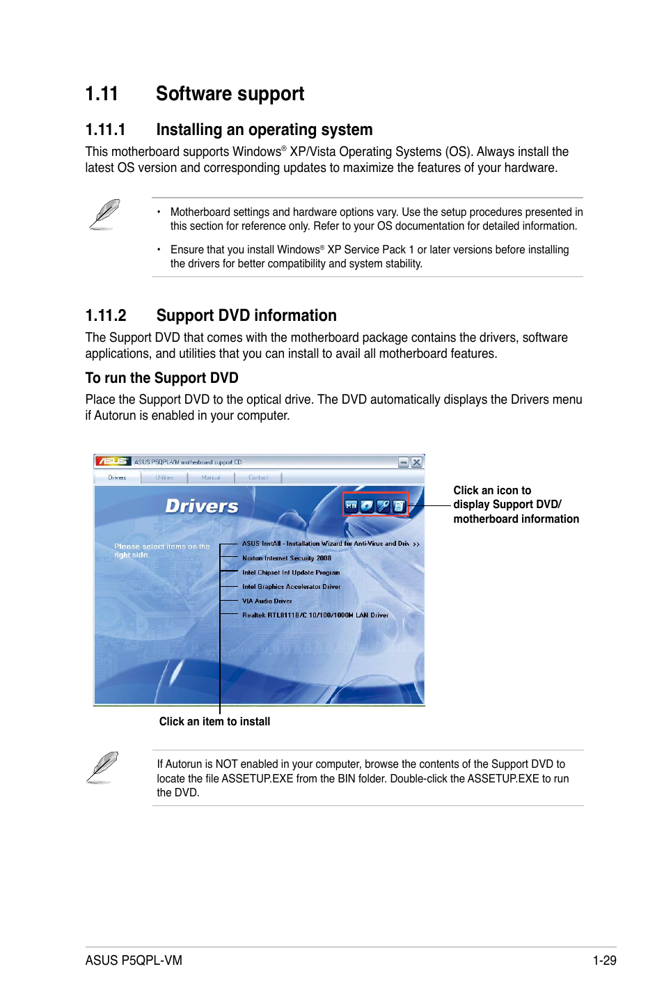 11 software support, 1 installing an operating system, 2 support dvd information | Asus P5QPL-VM User Manual | Page 39 / 64