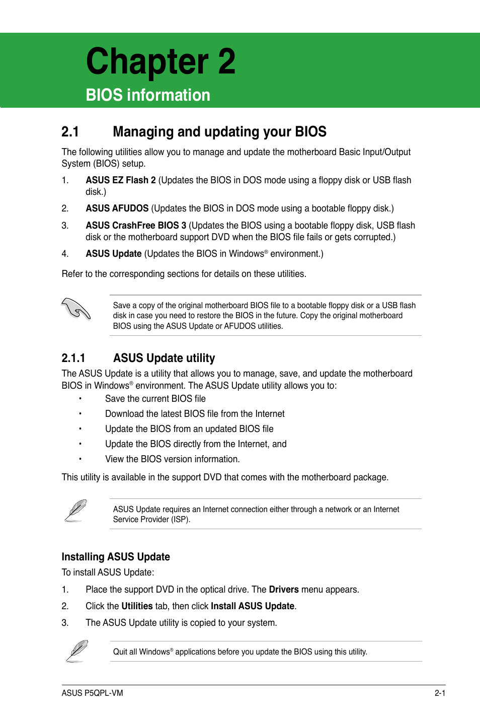 Chapter 2, Bios information, 1 managing and updating your bios | 1 asus update utility | Asus P5QPL-VM User Manual | Page 41 / 64