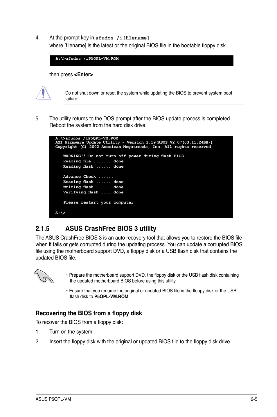 5 asus crashfree bios 3 utility, Recovering the bios from a floppy disk | Asus P5QPL-VM User Manual | Page 45 / 64