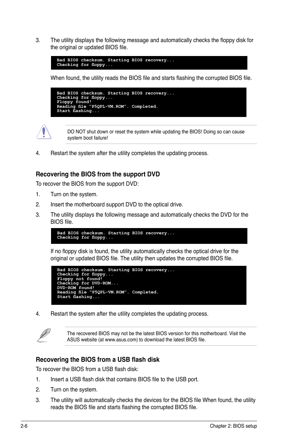 Recovering the bios from the support dvd, Recovering the bios from a usb flash disk | Asus P5QPL-VM User Manual | Page 46 / 64