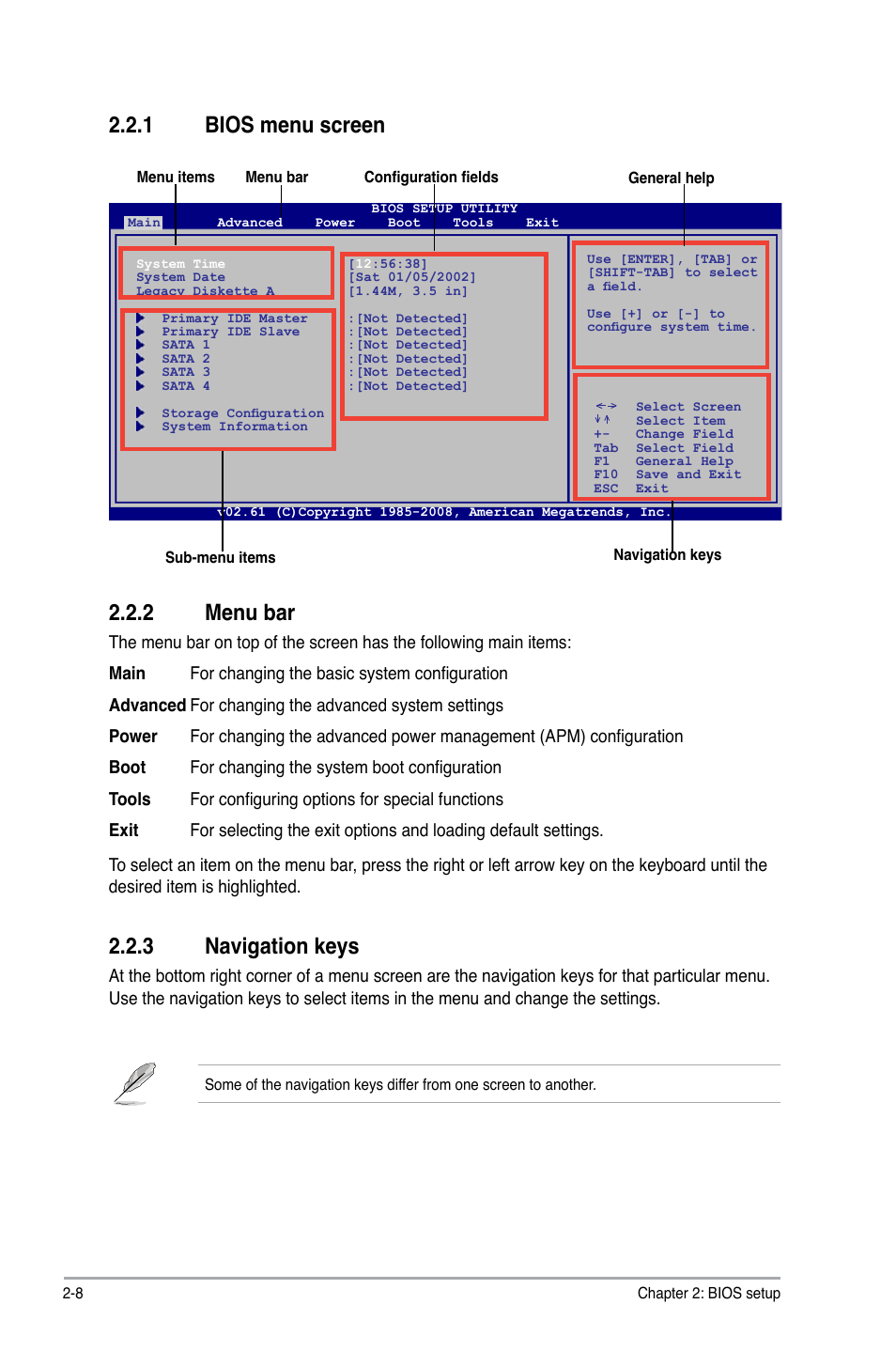 2 menu bar, 3 navigation keys, 1 bios menu screen | Asus P5QPL-VM User Manual | Page 48 / 64